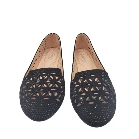 Forever Comfort Black Flats Sparkle Beaded Cushioned Excellent Sz 8 - Picture 2 of 8